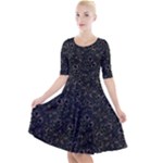 Midnight Blossom Elegance Black Backgrond Quarter Sleeve A-Line Dress With Pockets
