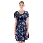 Stylized Floral Intricate Pattern Design Black Backgrond Short Sleeve V-neck Flare Dress