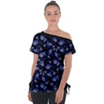 Stylized Floral Intricate Pattern Design Black Backgrond Off Shoulder Tie-Up T-Shirt