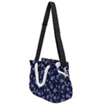 Stylized Floral Intricate Pattern Design Black Backgrond Rope Handles Shoulder Strap Bag