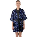Stylized Floral Intricate Pattern Design Black Backgrond Half Sleeve Satin Kimono 