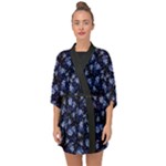 Stylized Floral Intricate Pattern Design Black Backgrond Half Sleeve Chiffon Kimono