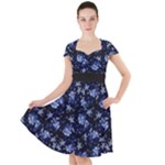 Stylized Floral Intricate Pattern Design Black Backgrond Cap Sleeve Midi Dress With Pockets