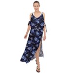 Stylized Floral Intricate Pattern Design Black Backgrond Maxi Chiffon Cover Up Dress