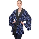 Stylized Floral Intricate Pattern Design Black Backgrond Long Sleeve Velvet Kimono 