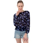 Stylized Floral Intricate Pattern Design Black Backgrond Banded Bottom Chiffon Top