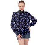 Stylized Floral Intricate Pattern Design Black Backgrond High Neck Long Sleeve Chiffon Top