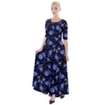 Stylized Floral Intricate Pattern Design Black Backgrond Half Sleeves Maxi Dress
