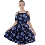 Stylized Floral Intricate Pattern Design Black Backgrond Cut Out Shoulders Chiffon Dress