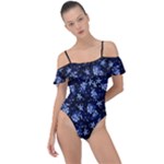 Stylized Floral Intricate Pattern Design Black Backgrond Frill Detail One Piece Swimsuit