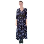 Stylized Floral Intricate Pattern Design Black Backgrond Button Up Maxi Dress