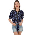 Stylized Floral Intricate Pattern Design Black Backgrond Tie Front Shirt 