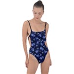 Stylized Floral Intricate Pattern Design Black Backgrond Tie Strap One Piece Swimsuit