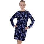 Stylized Floral Intricate Pattern Design Black Backgrond Long Sleeve Hoodie Dress
