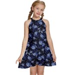 Stylized Floral Intricate Pattern Design Black Backgrond Kids  Halter Collar Waist Tie Chiffon Dress