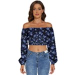 Stylized Floral Intricate Pattern Design Black Backgrond Long Sleeve Crinkled Weave Crop Top
