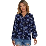 Stylized Floral Intricate Pattern Design Black Backgrond Women s Long Sleeve Button Up Shirt