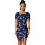 Stylized Floral Intricate Pattern Design Black Backgrond Fitted Knot Split End Bodycon Dress
