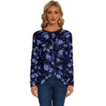 Stylized Floral Intricate Pattern Design Black Backgrond Long Sleeve Crew Neck Pullover Top