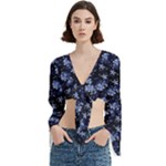 Stylized Floral Intricate Pattern Design Black Backgrond Trumpet Sleeve Cropped Top