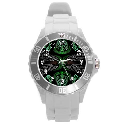 Fractal Green Black 3d Art Floral Pattern Round Plastic Sport Watch (L) from ZippyPress Front