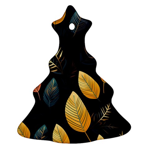 Gold Yellow Leaves Fauna Dark Background Dark Black Background Black Nature Forest Texture Wall Wall Ornament (Christmas Tree)  from ZippyPress Front