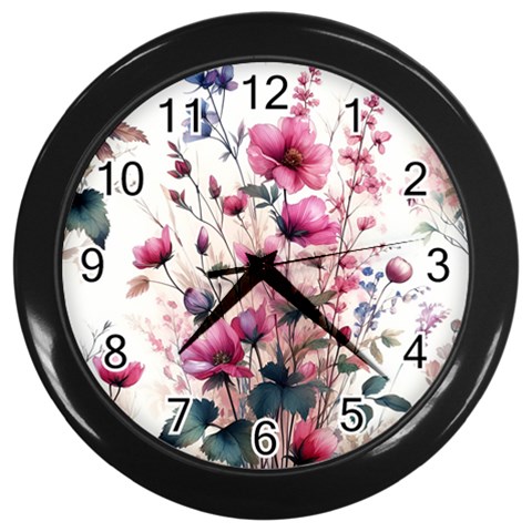 Flora Floral Flower Petal Wall Clock (Black) from ZippyPress Front