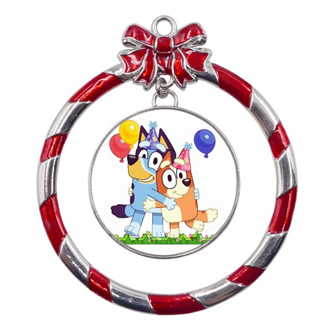Bluey birthday Metal Red Ribbon Round Ornament from ZippyPress Front