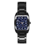 Stylized Floral Intricate Pattern Design Black Backgrond Stainless Steel Barrel Watch